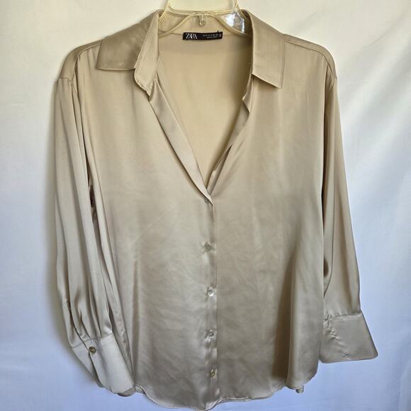 Zara Tops - ZARA Satin Blouse Women's Small Champagne Beige Button Front Collared Shirt